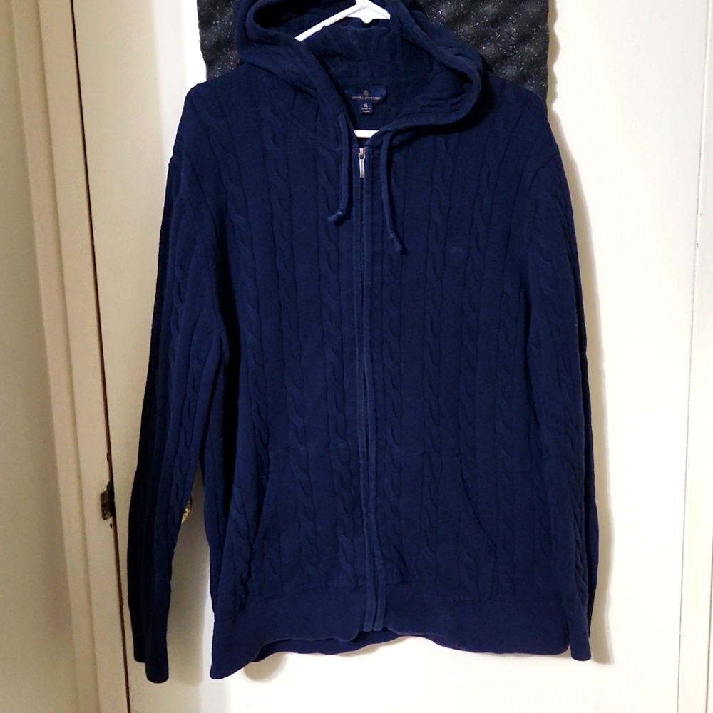 Brooks Brothers Navy Blue Full Zip Cotton Cable Knit Hoodie Sweater
